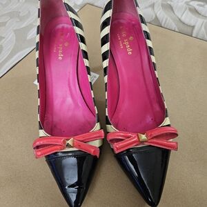Kate Spade Black and Cream Striped Heels with Pink Bow